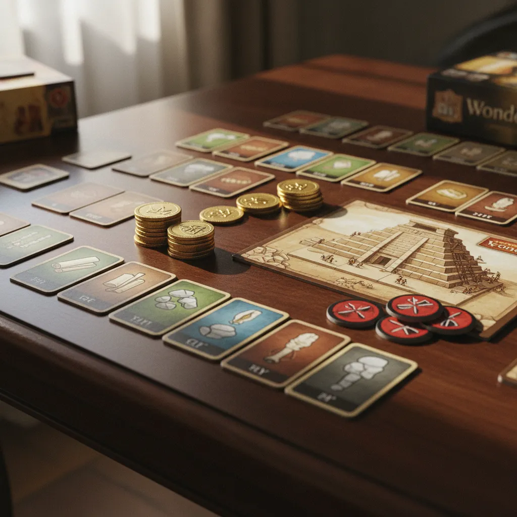 Componentes del juego 7 Wonders: cartas de recursos, monedas y tablero de maravilla