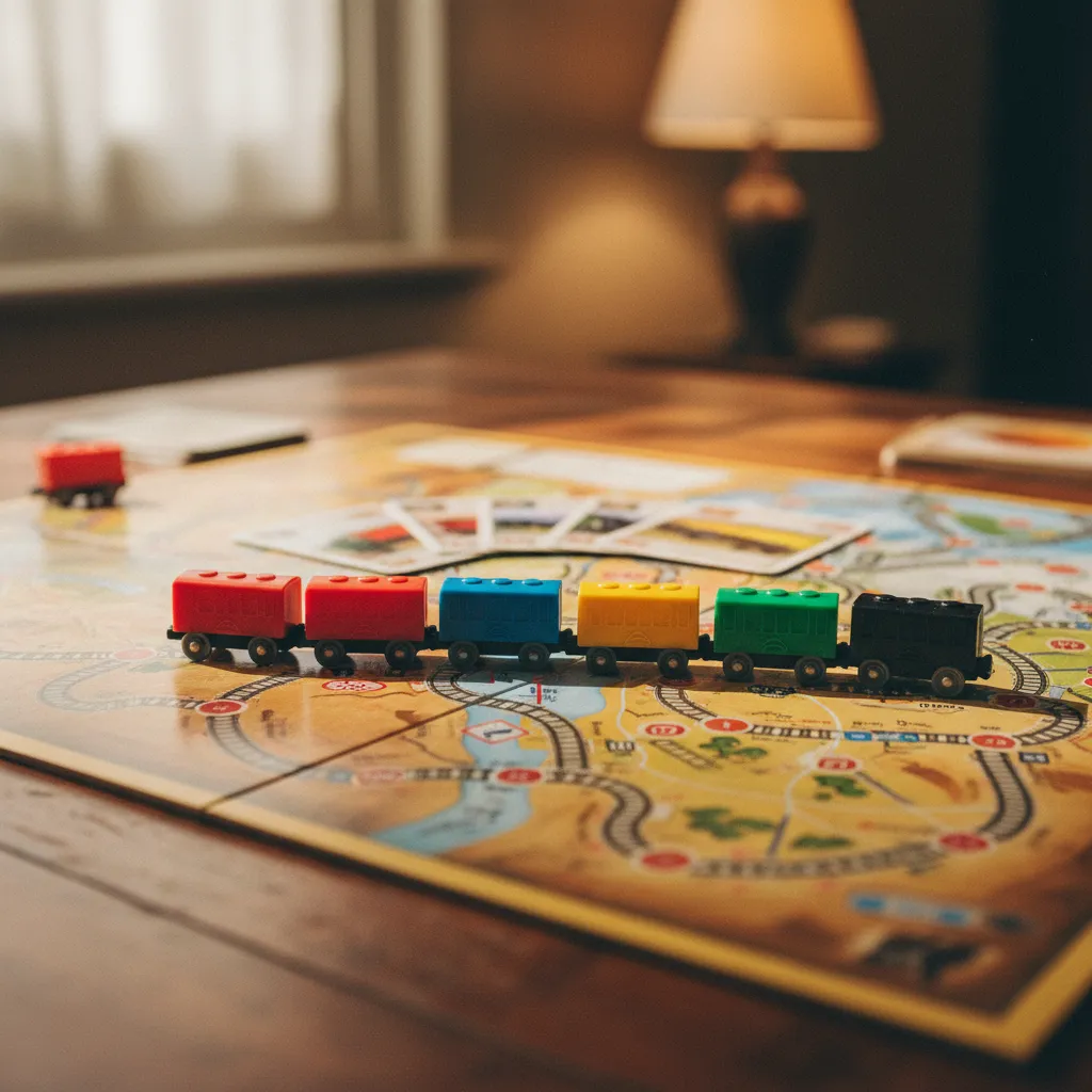 Vagones de plástico alineados sobre las rutas del mapa de juego