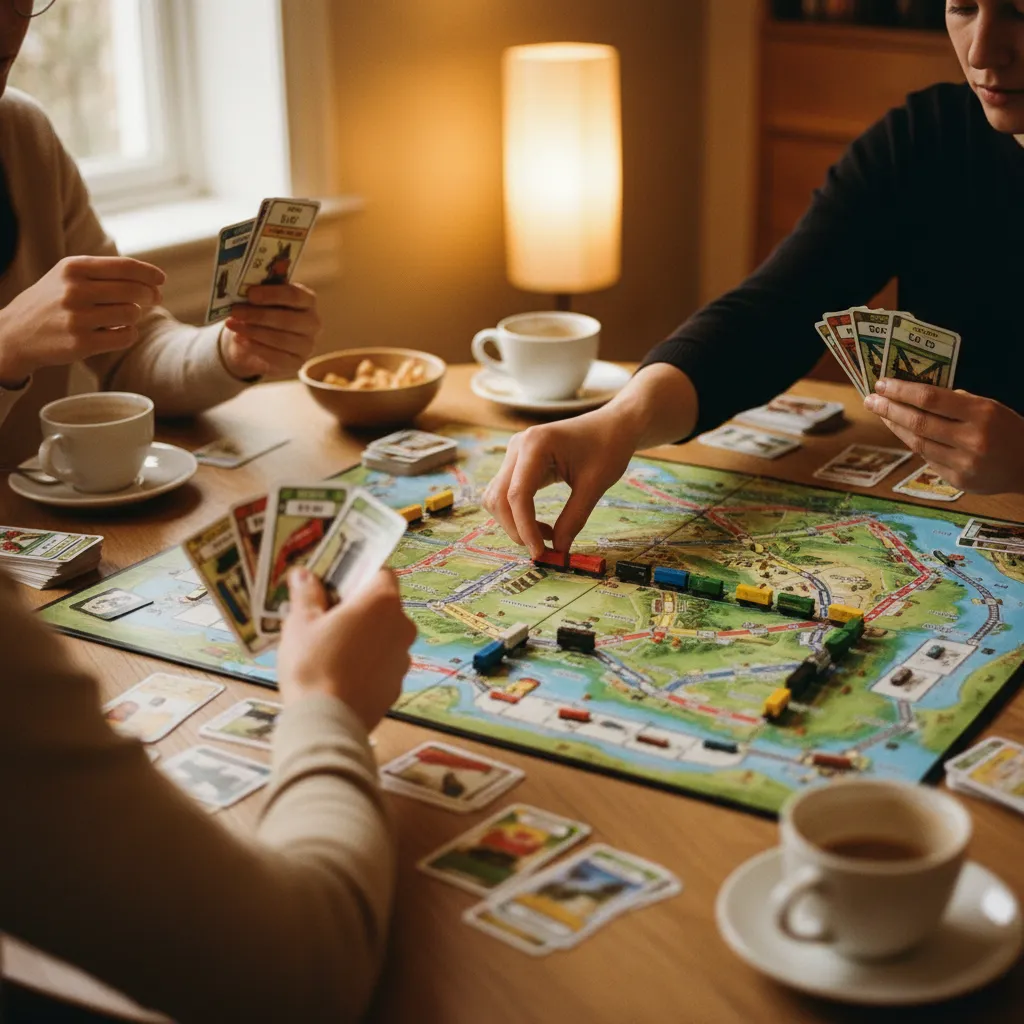 Jugadores sosteniendo cartas de vagón y billetes de destino durante la partida