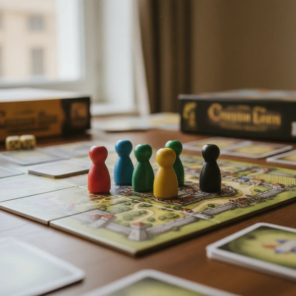 Gros plan sur les meeples en bois multicolores, symboles emblématiques du jeu