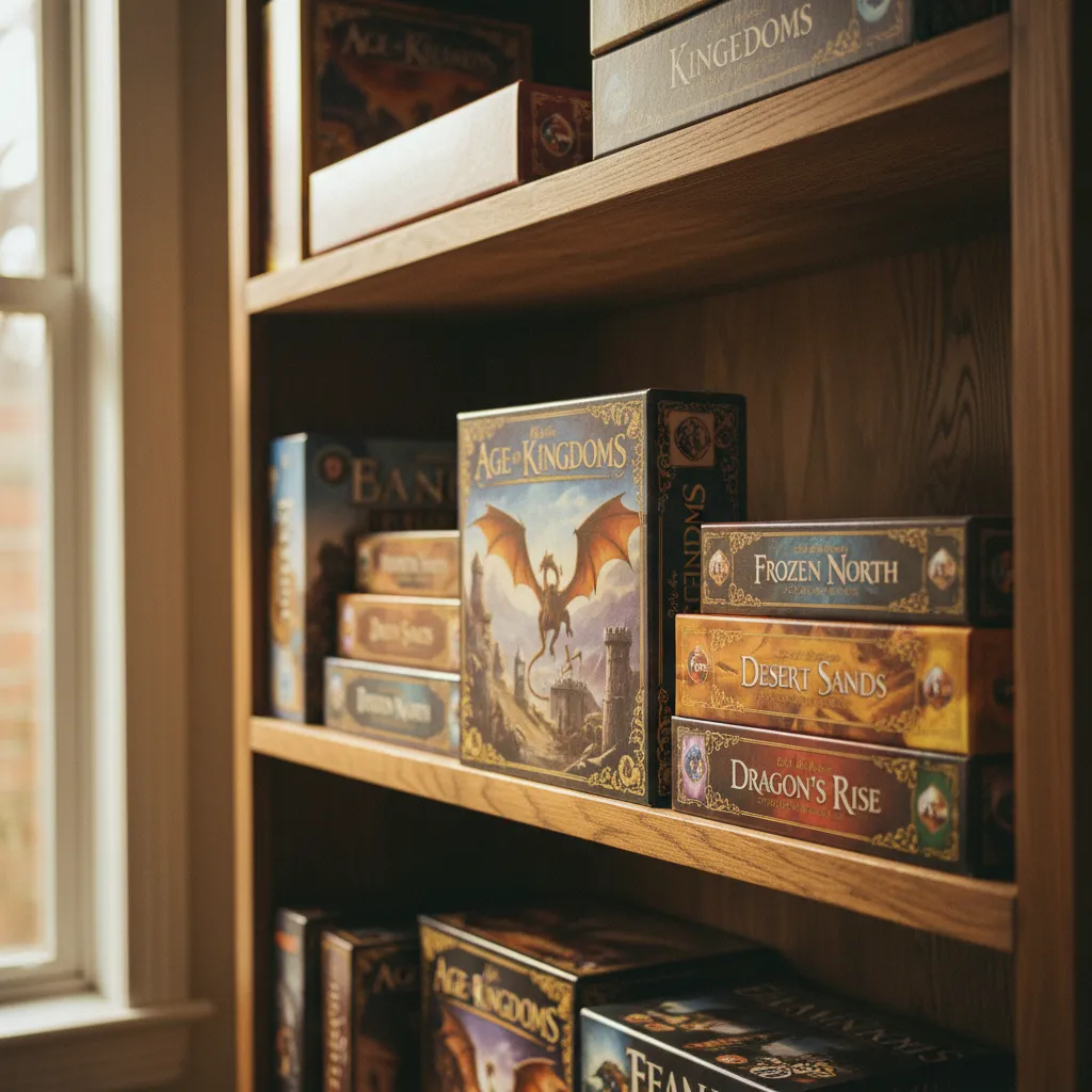 Collection d'extensions Carcassonne présentées sur une étagère de passionné