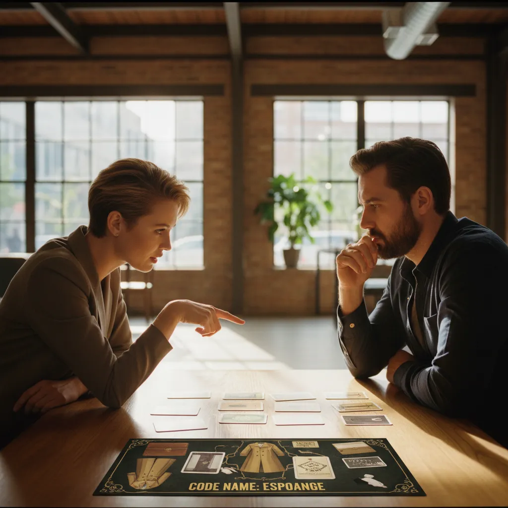 Dos jugadores debatiendo su siguiente movimiento como agentes de campo en Código Secreto