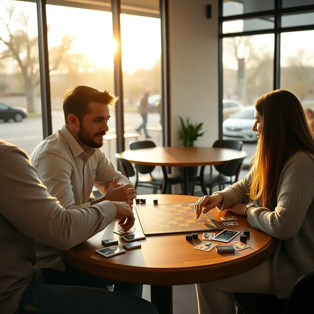Dos jugadores descubriendo un juego de mesa moderno en una cafetería