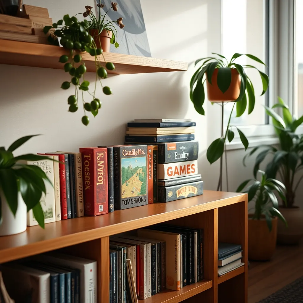 Una colección inicial de juegos de mesa bien organizada en casa