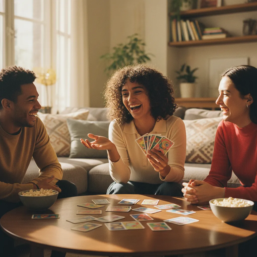 Grupo de amigos disfrutando de un juego de cartas ligero durante el bloque de aperitivo