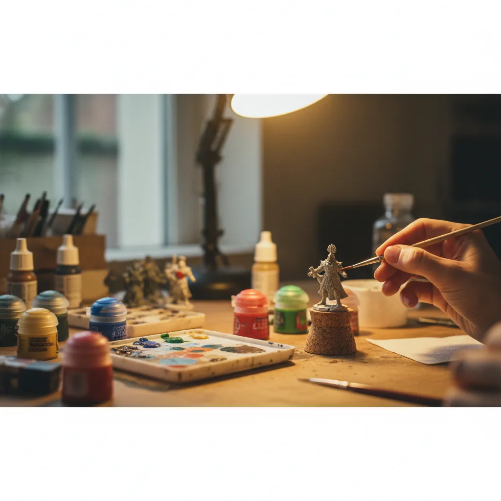 Aplicación de pintura con pincel fino sobre una miniatura de fantasía sujeta con un soporte de corcho