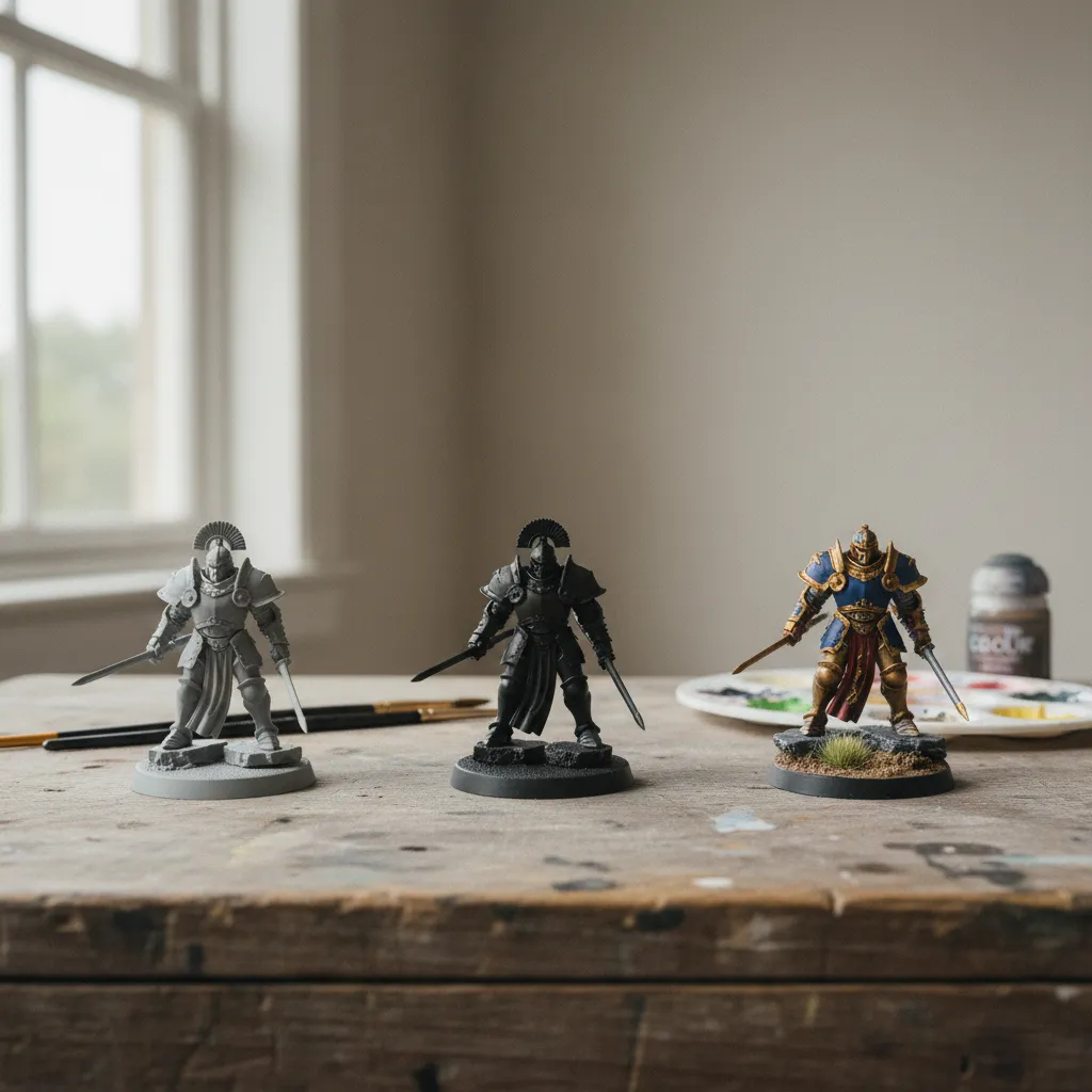 Tres etapas del proceso de pintura: miniatura sin pintar, imprimada y terminada con base decorativa