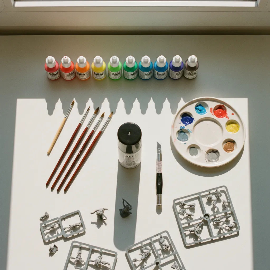 Kit completo de materiales para pintar miniaturas: pinturas acrílicas, pinceles, imprimación y herramientas básicas