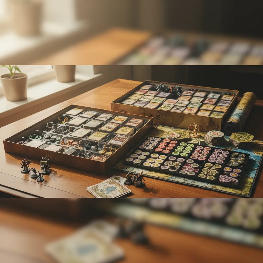 El contenido de la caja de Gloomhaven con todos sus componentes organizados
