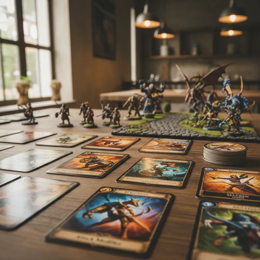 Cartas de habilidad y miniaturas de personajes de Gloomhaven en plena partida