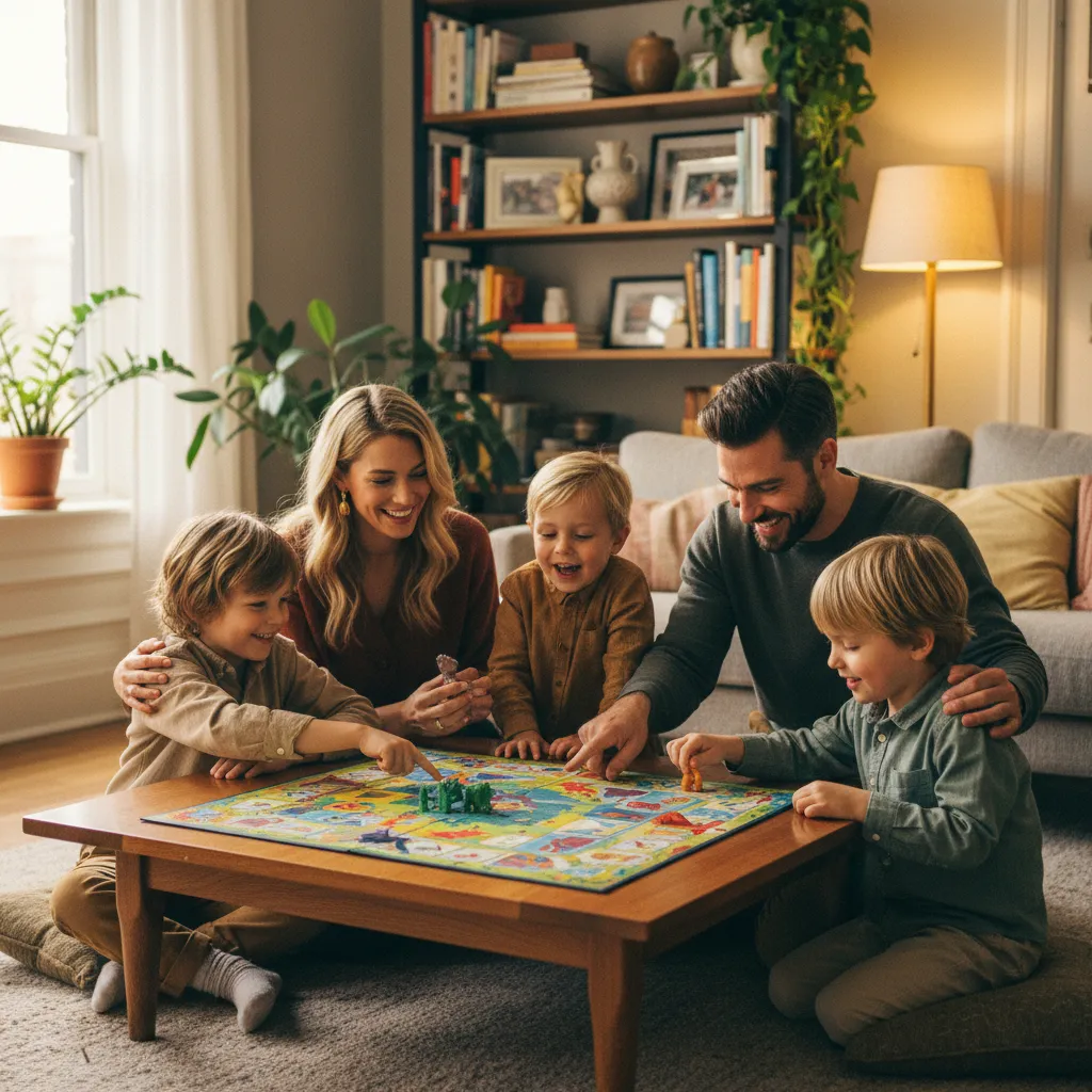 Familia disfrutando de una partida de juegos de mesa educativos en el salón de casa