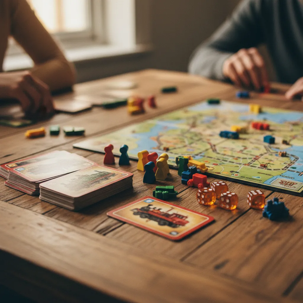 Detalle de componentes de juegos de mesa educativos: fichas, cartas y tablero de Aventureros al Tren