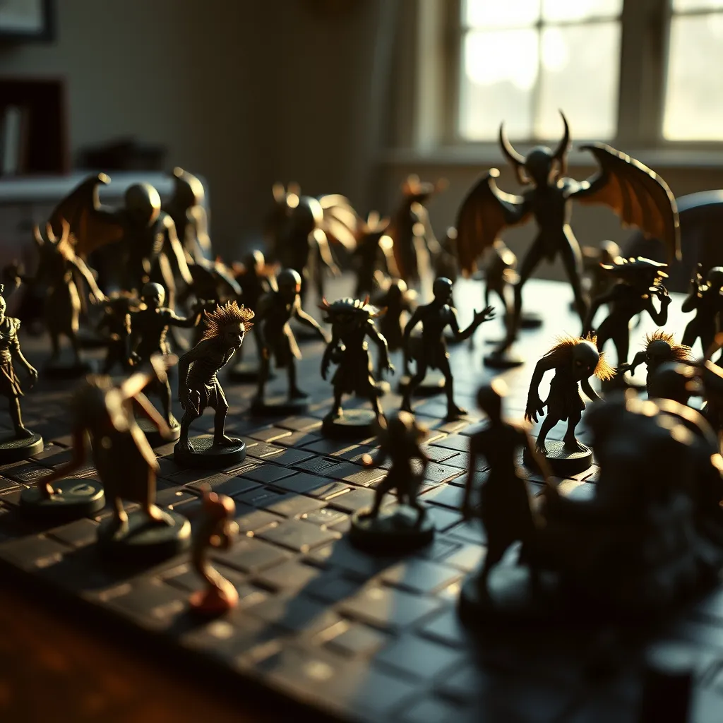 Miniaturas pintadas de criaturas de terror sobre un tablero de juego con iluminación dramática