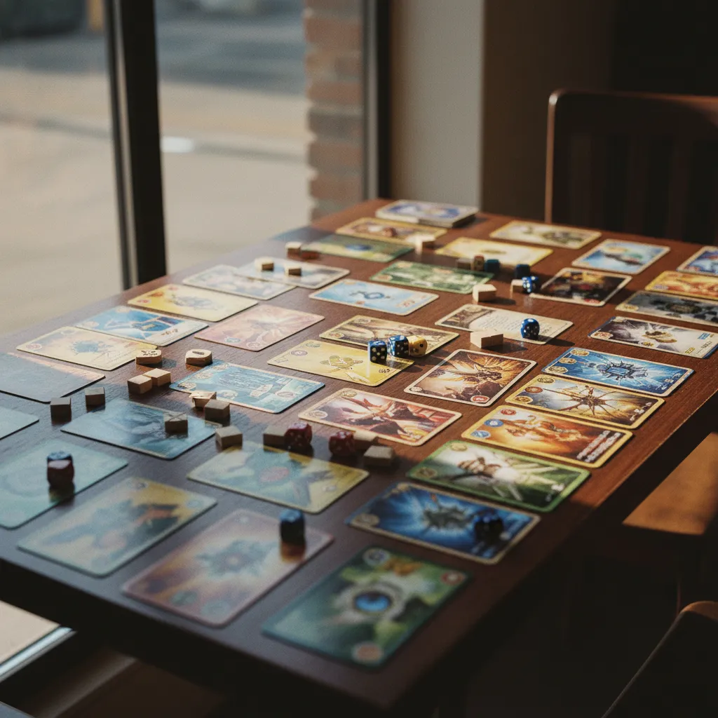 Cartas de juegos modernos desplegadas sobre una mesa de madera