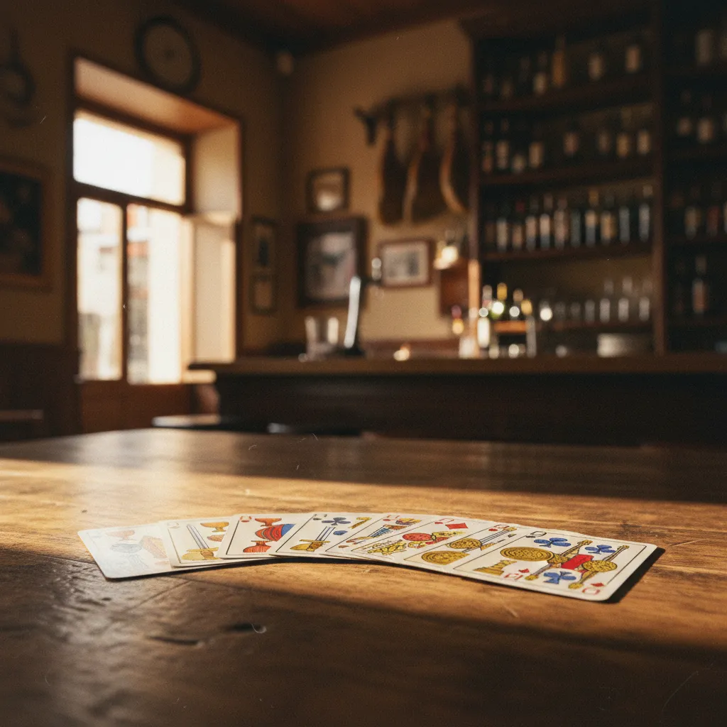 Baraja española desplegada sobre una mesa de taberna tradicional