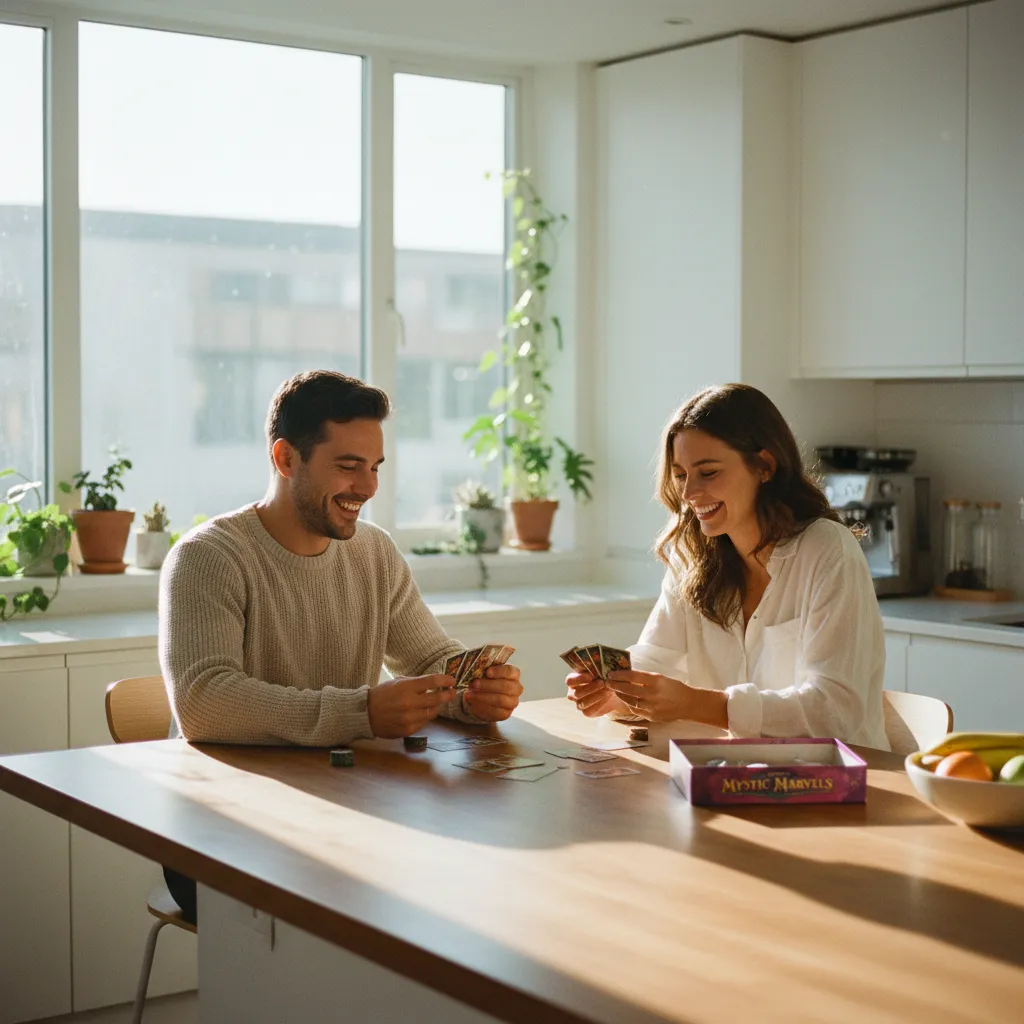 Una pareja disfrutando de un juego de cartas en casa por la mañana