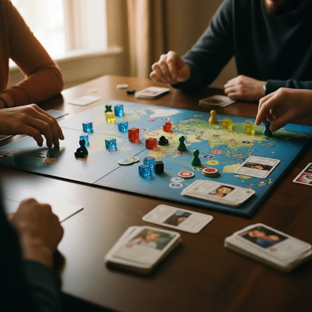 Vue aérienne d'un plateau de jeu coopératif avec pions et cartes en cours de partie