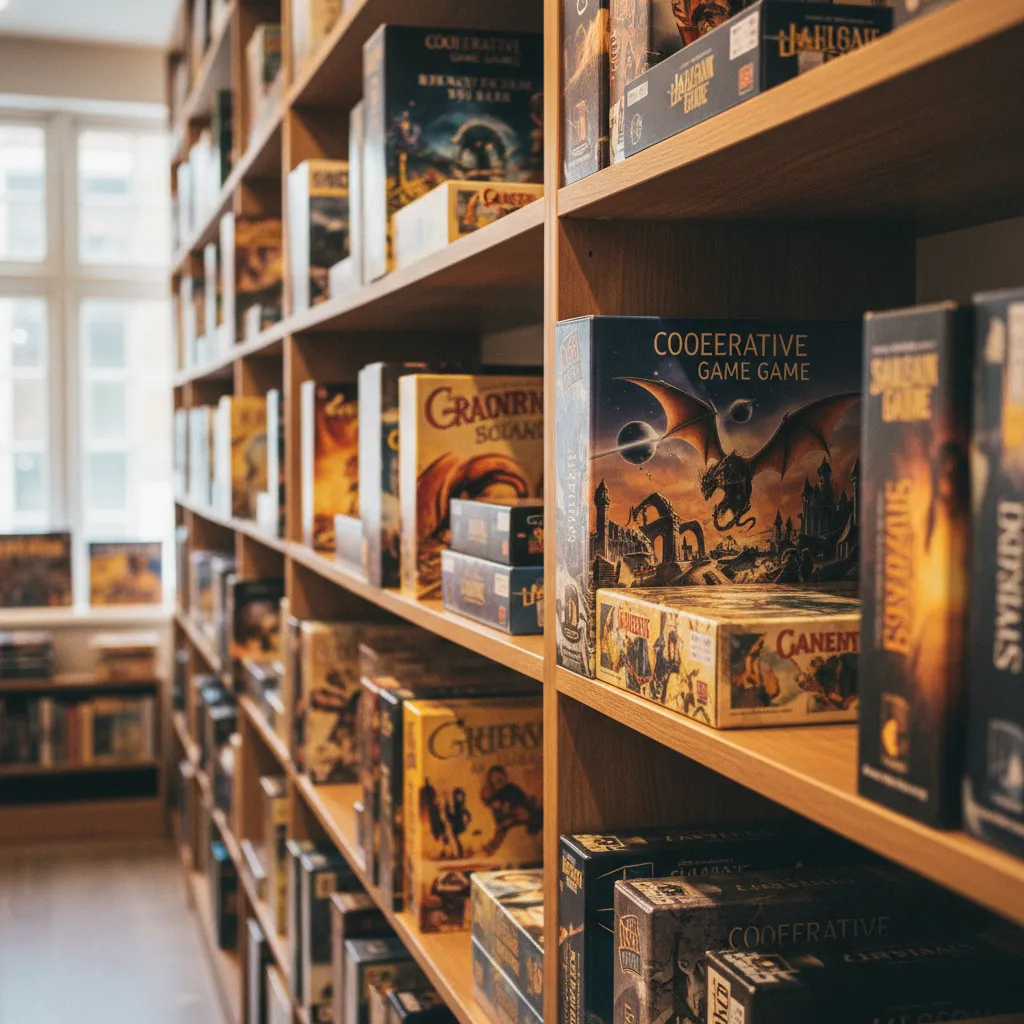 Collection de boîtes de jeux de société coopératifs exposées sur des étagères en bois