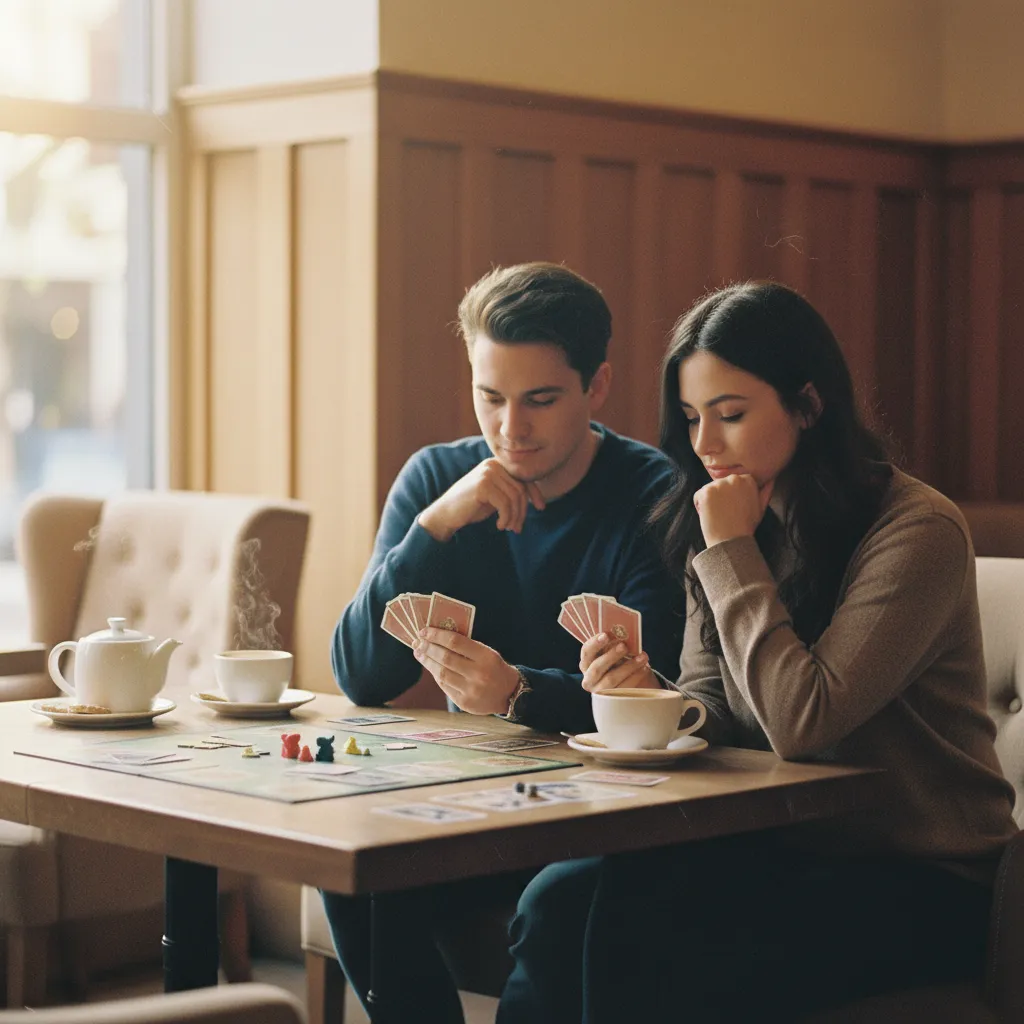 Deux joueurs partageant une partie de jeu de cartes coopératif dans une ambiance chaleureuse