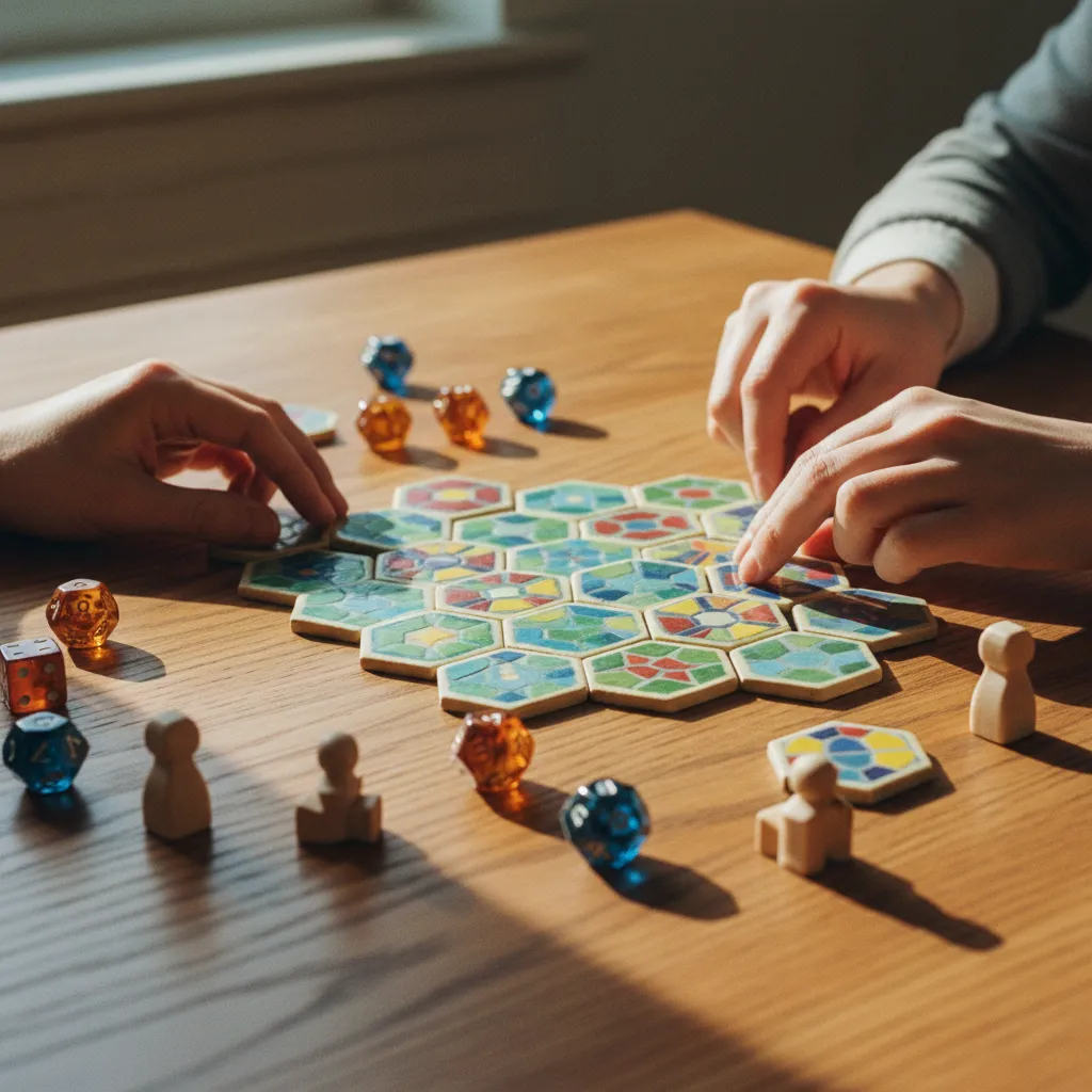 Detalle de una partida de eurogame con losetas hexagonales y componentes de madera