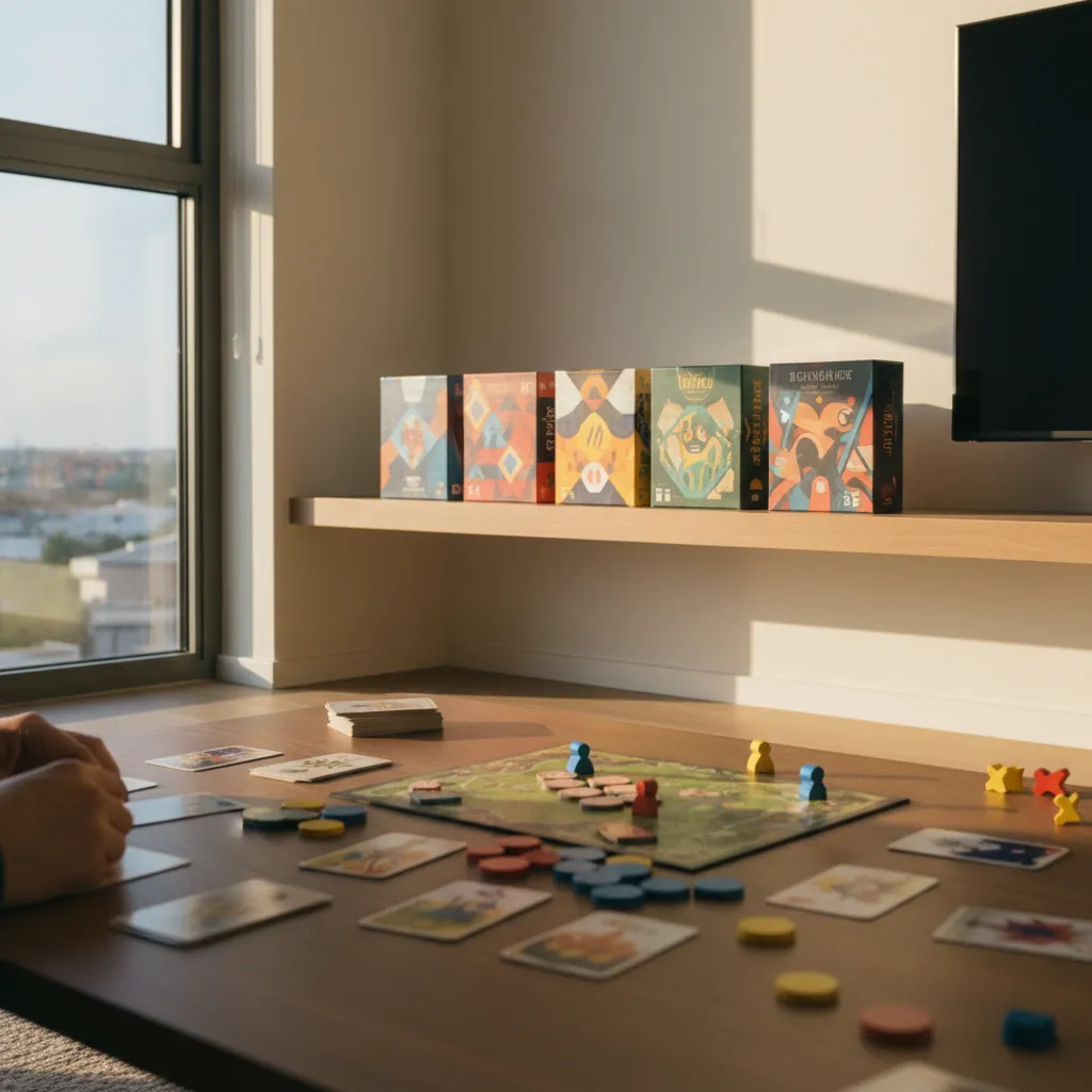 Colección de juegos de mesa para dos jugadores organizados en una estantería moderna