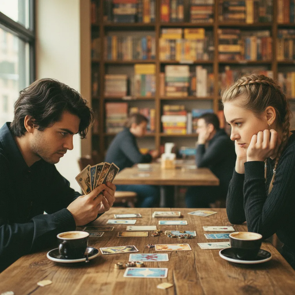 Duelo de cartas entre dos jugadores en un acogedor café de juegos de mesa