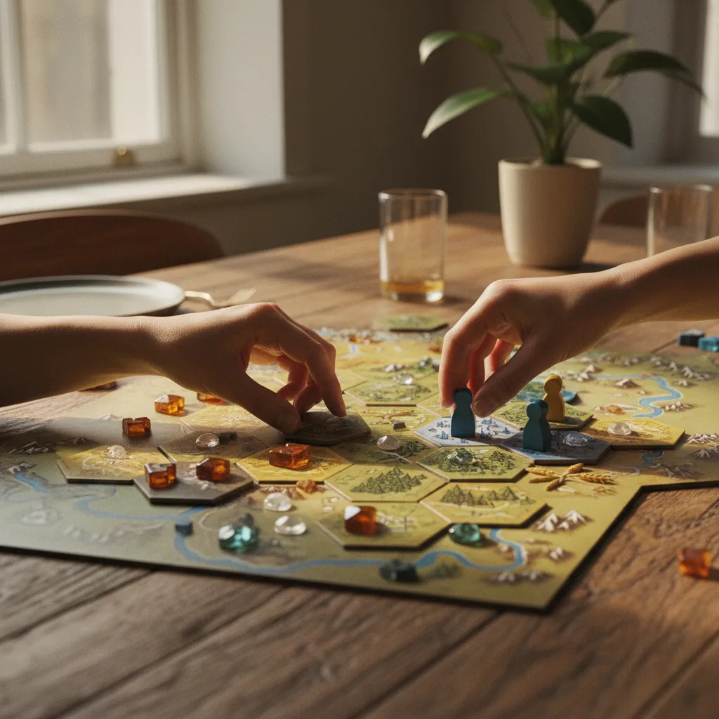 Detalle de una partida de estrategia con fichas y losetas sobre el tablero