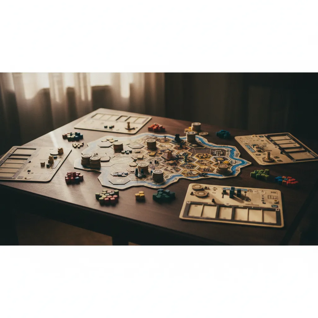 Vista cenital de un eurogame económico en plena partida