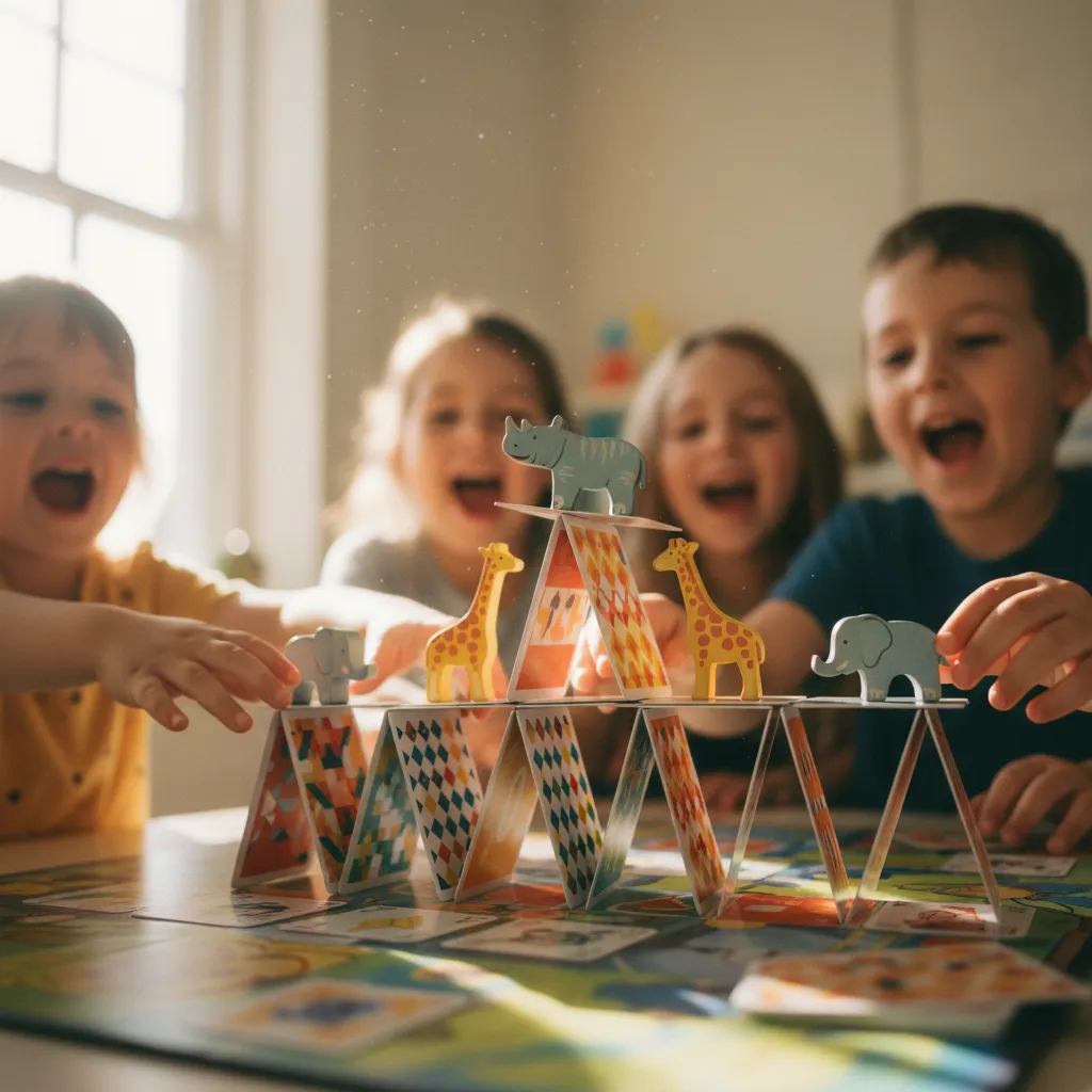 Manos de niños construyendo una torre de cartas durante una partida de juego de mesa familiar