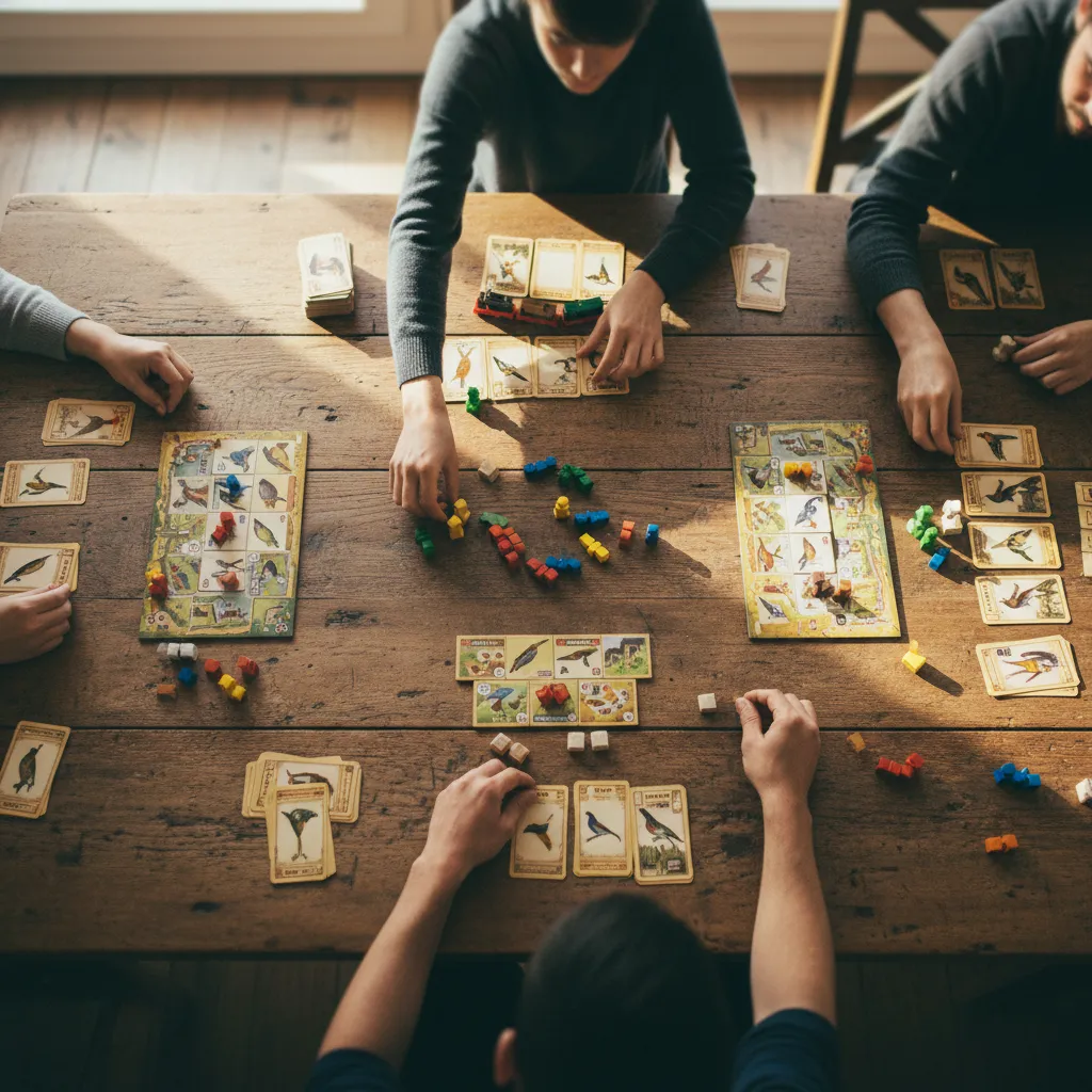 Vista cenital de varios juegos de mesa familiares desplegados sobre una mesa de madera