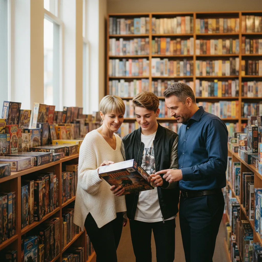 Una familia elige juegos de mesa en una tienda especializada con estanterías llenas de cajas coloridas