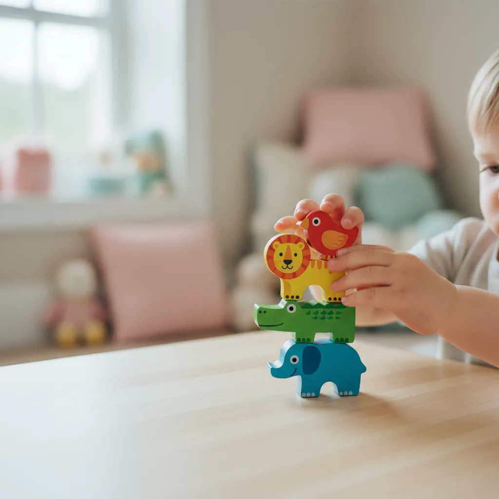 Manos de niño pequeño apilando figuras de madera de un juego de mesa infantil