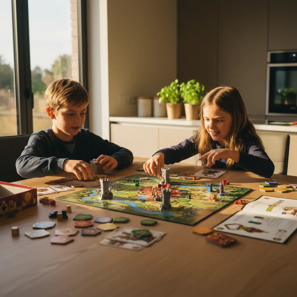 Niños de 7 y 8 años concentrados en una partida de colocación de losetas