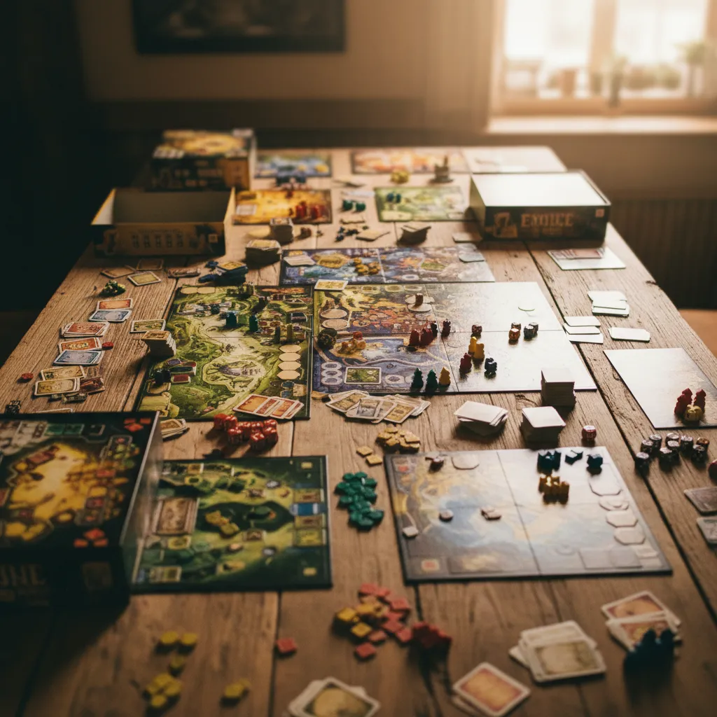 Vista cenital de varios juegos de mesa infantiles desplegados sobre una mesa de madera