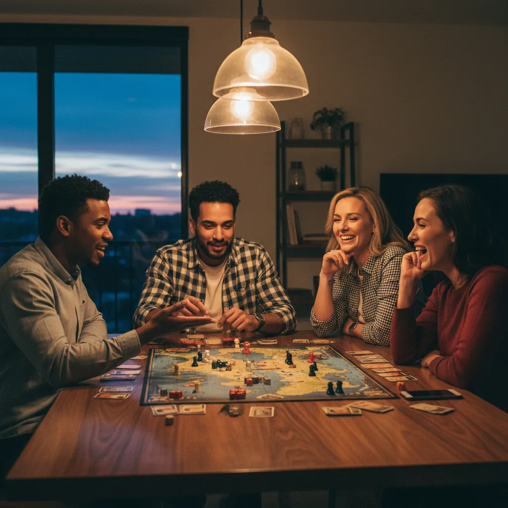 Grupo de amigos disfrutando de una partida estratégica de Risk