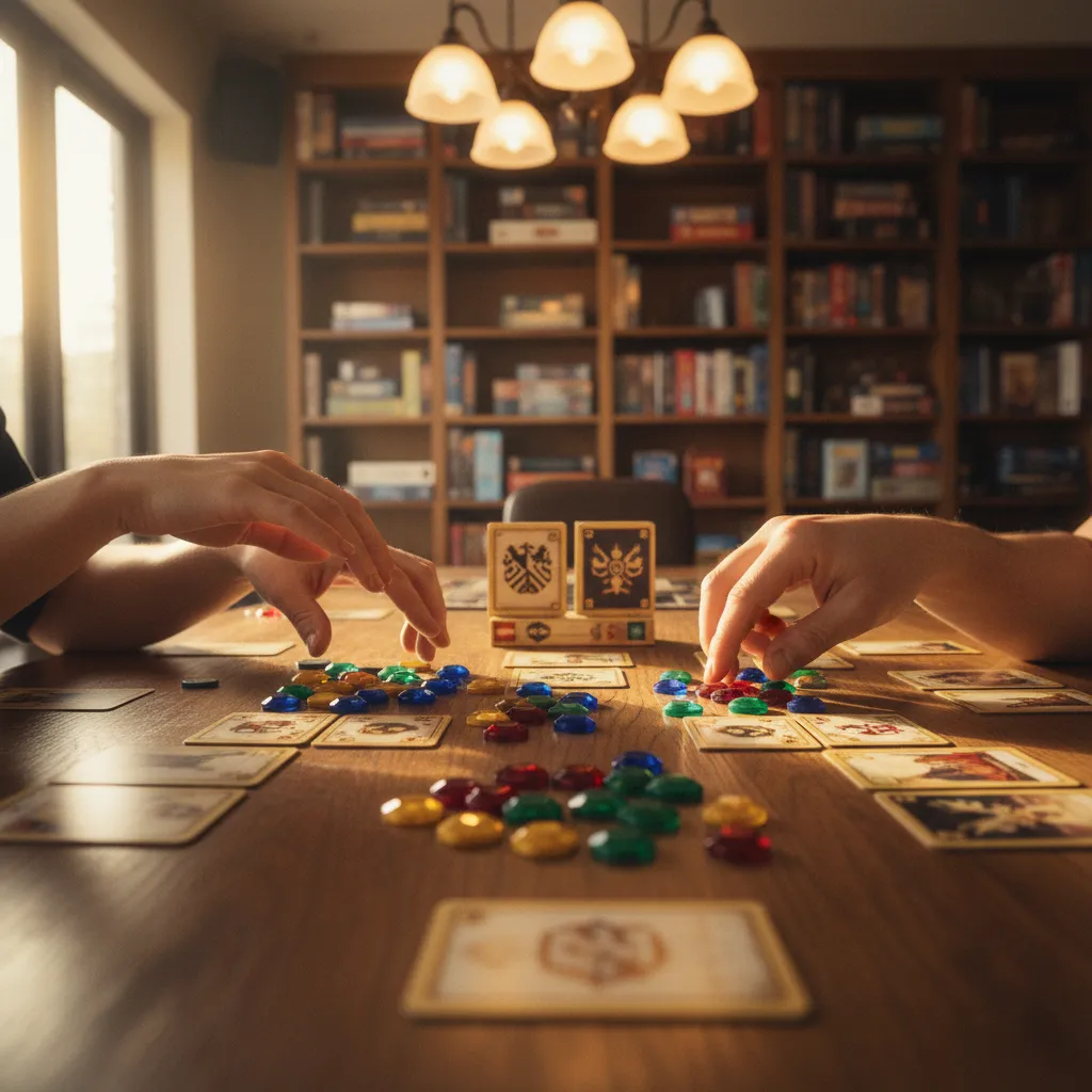 Una partida de Splendor en plena acción con fichas y cartas desplegadas sobre la mesa