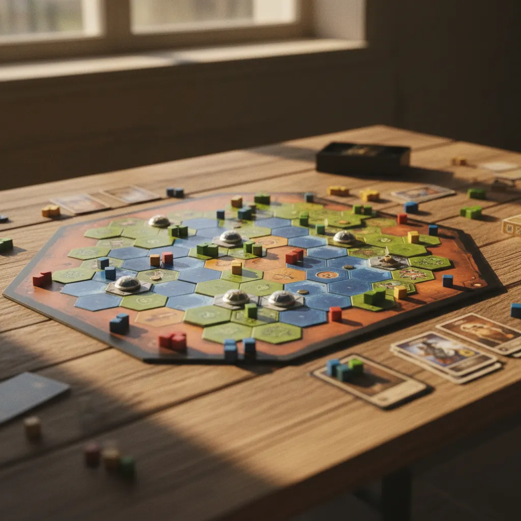 Detalle del tablero de Marte con losetas de océano, vegetación y ciudades colocadas