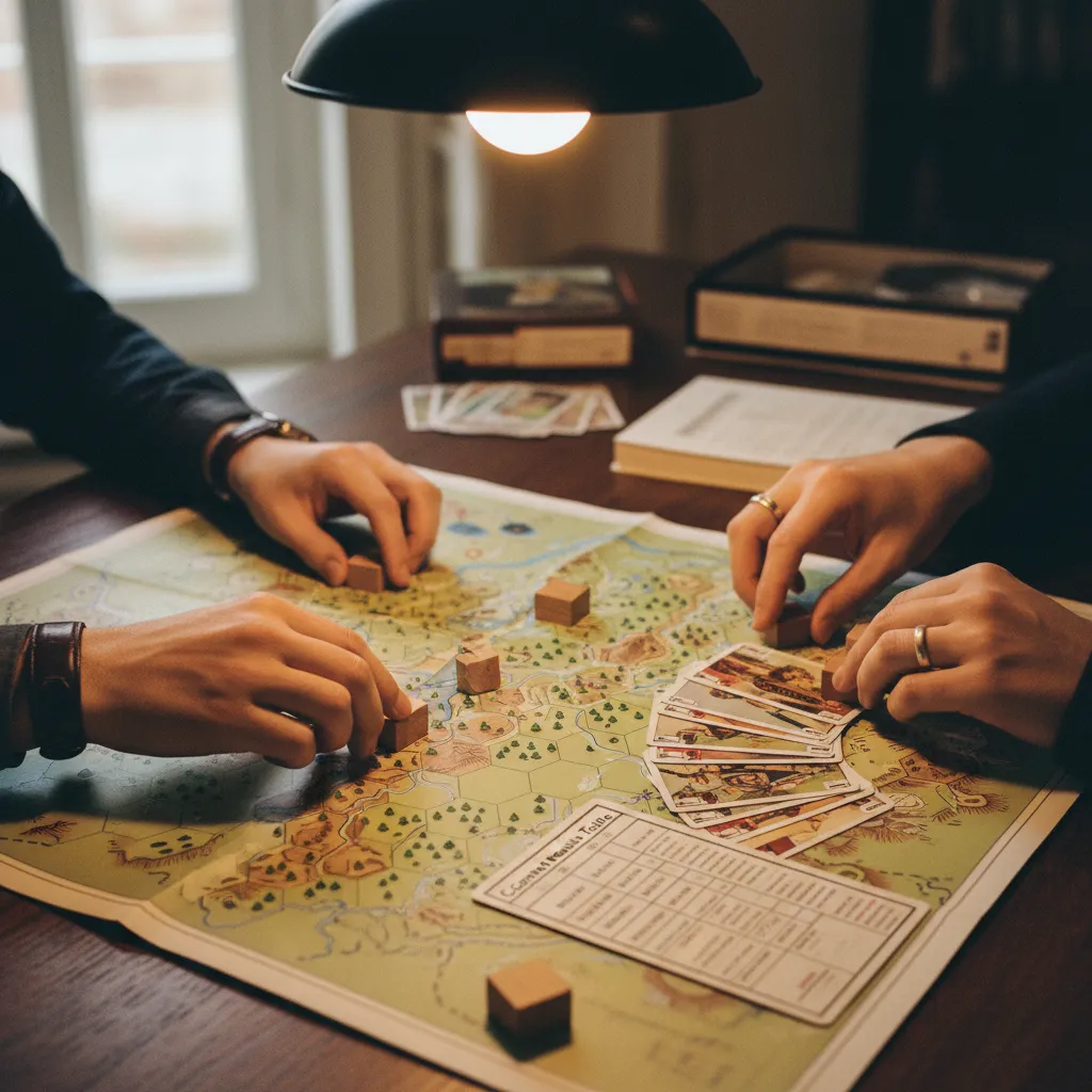 Detalle de una partida de wargame de bloques con piezas de madera y cartas de mando sobre el mapa