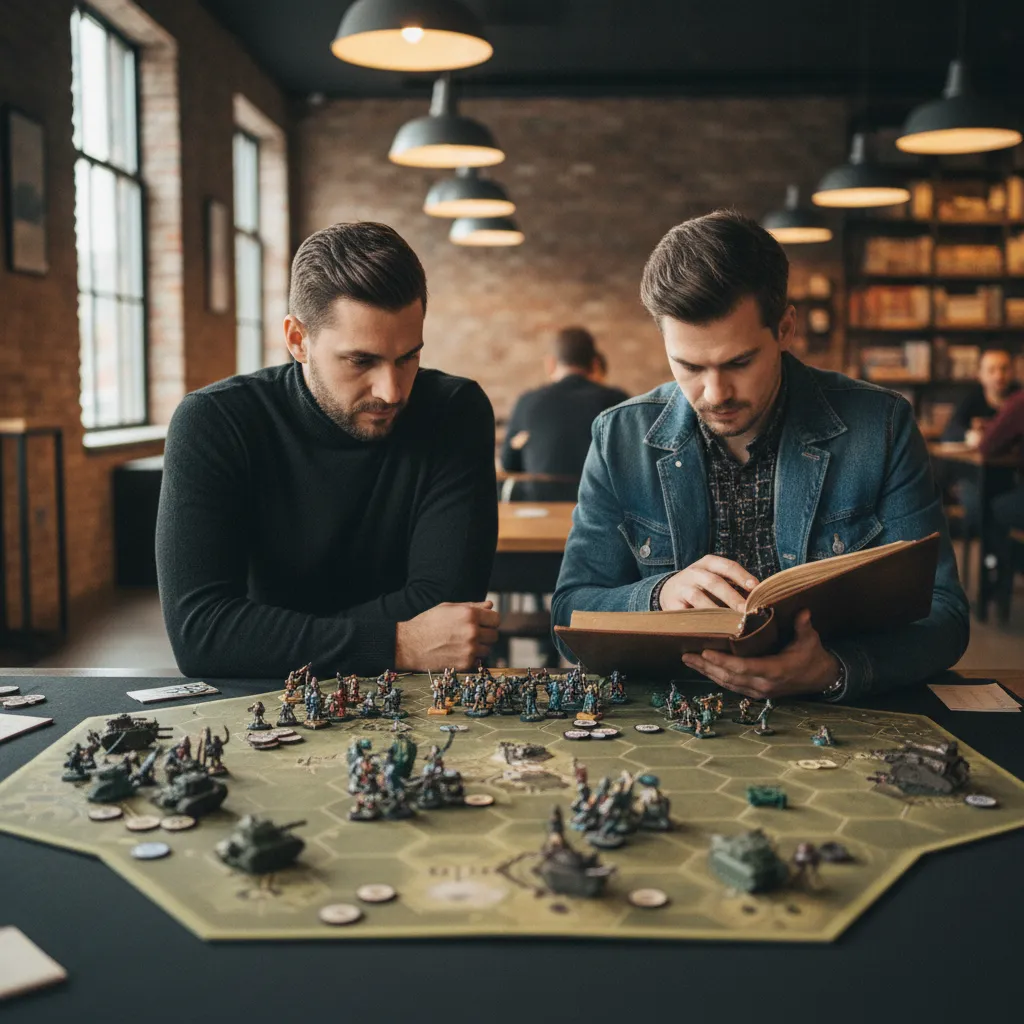 Dos jugadores inmersos en una partida de wargame en un ambiente acogedor de cafetería lúdica