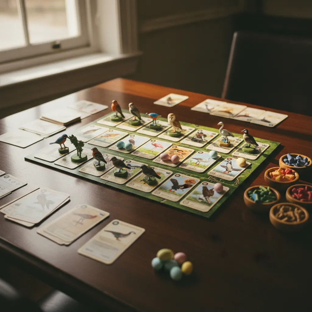 Vista cenital de un tablero de jugador a mitad de partida con los tres hábitats en funcionamiento