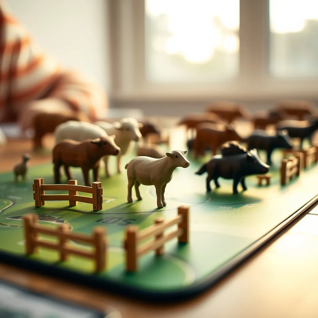 Animeeples de madera en los pastos cercados del tablero de Agricola