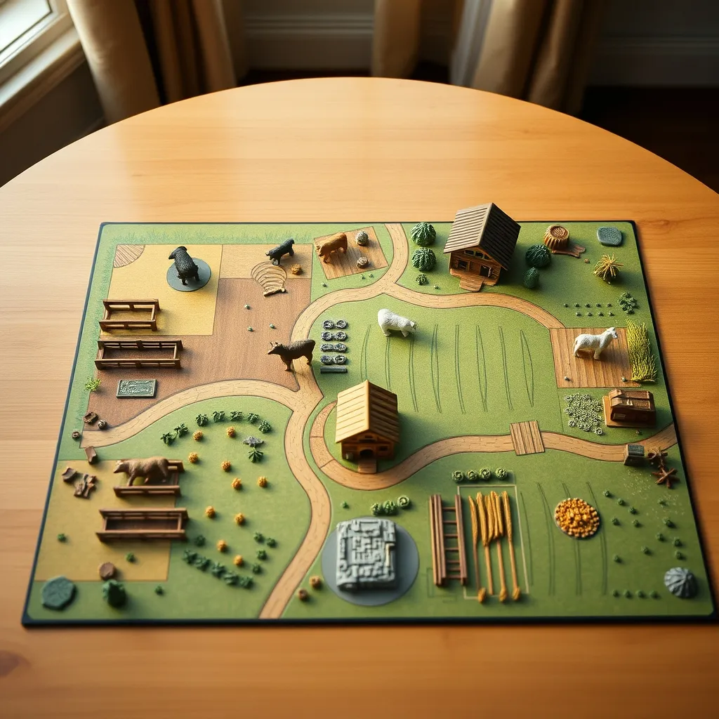 Vista cenital de una granja completada al final de una partida de Agricola