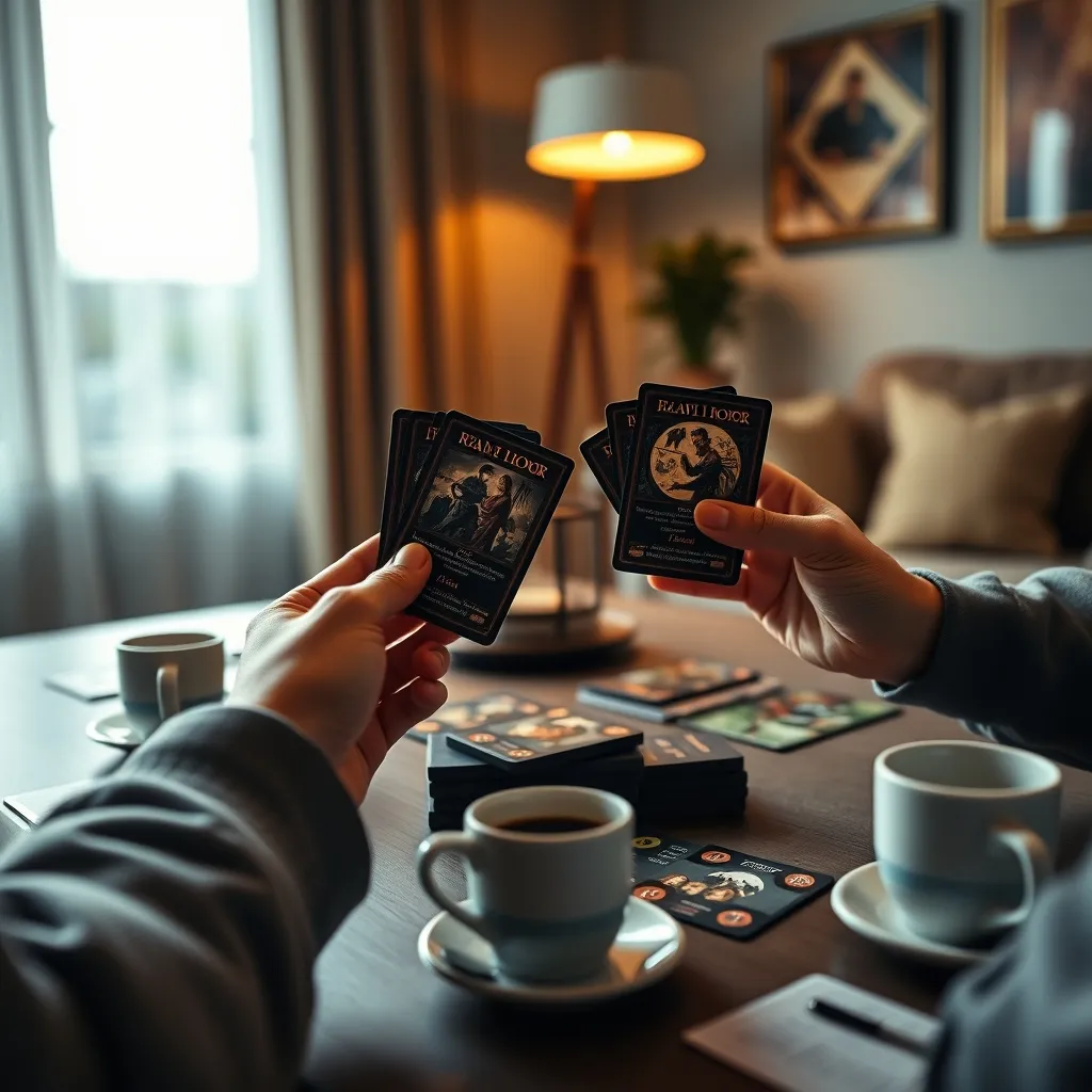 Una sesión cooperativa del LCG de Arkham Horror entre dos jugadores planificando su estrategia