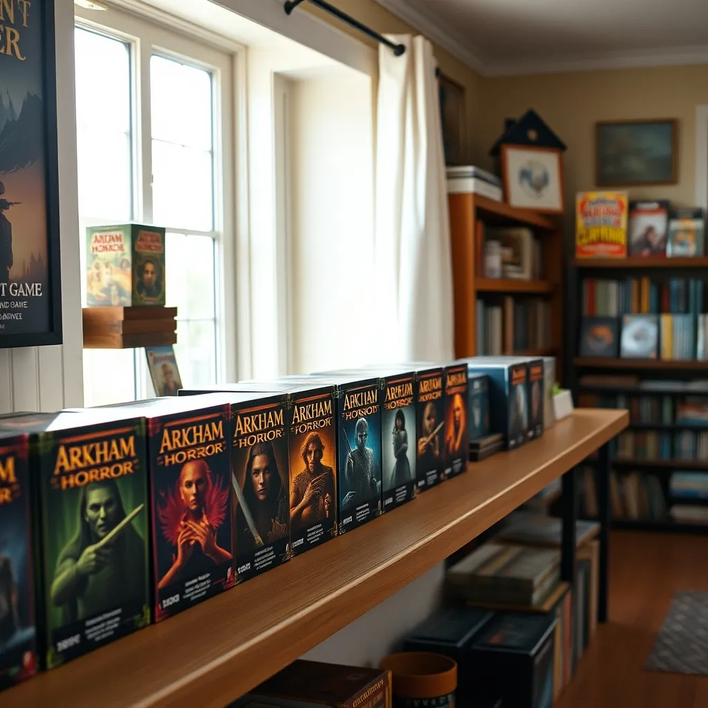 La colección de campañas y expansiones de Arkham Horror LCG organizada en la estantería de un aficionado
