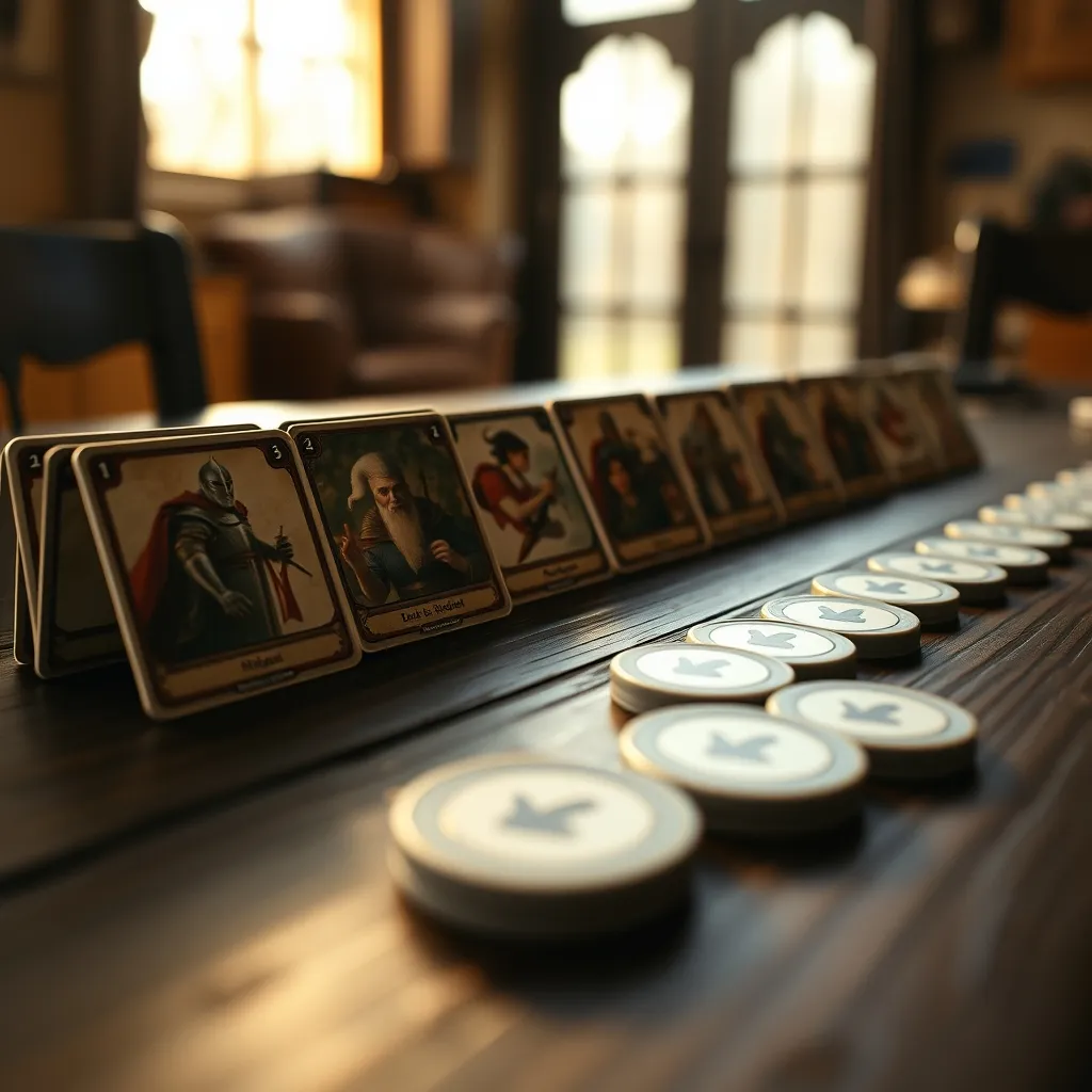 Componentes del juego Avalon: cartas de personaje y fichas de votación