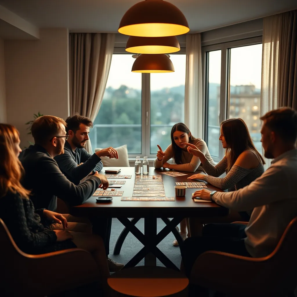 Grupo de amigos debatiendo intensamente durante una partida de roles ocultos
