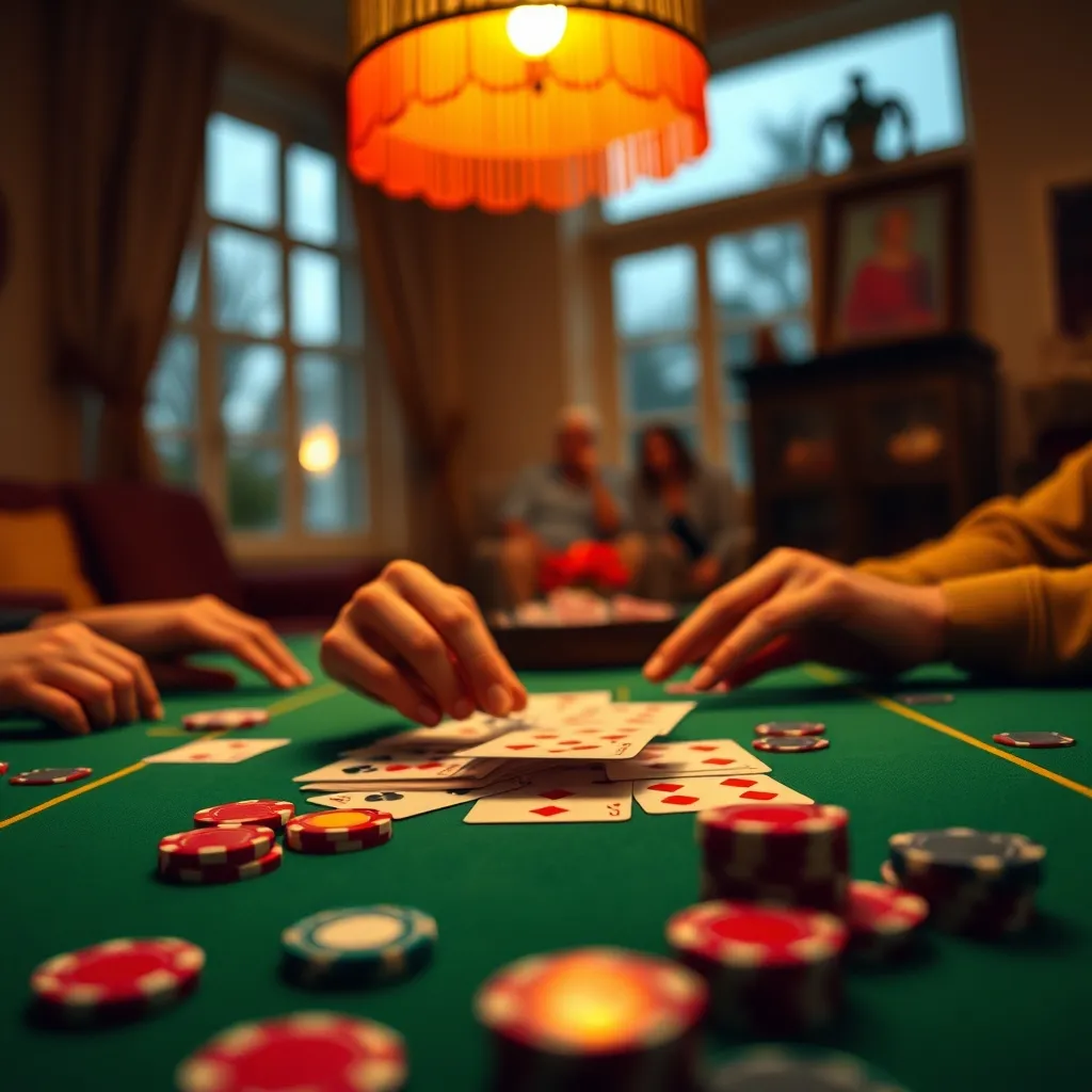 Mains distribuant des cartes sur un tapis de casino vert avec des jetons colorés