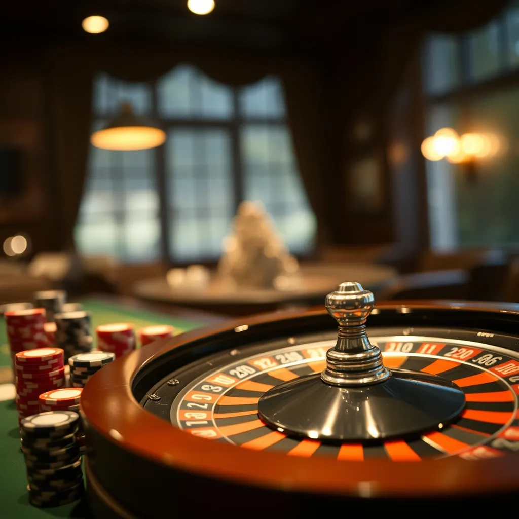 Roulette de table en mouvement entourée de piles de jetons en argile