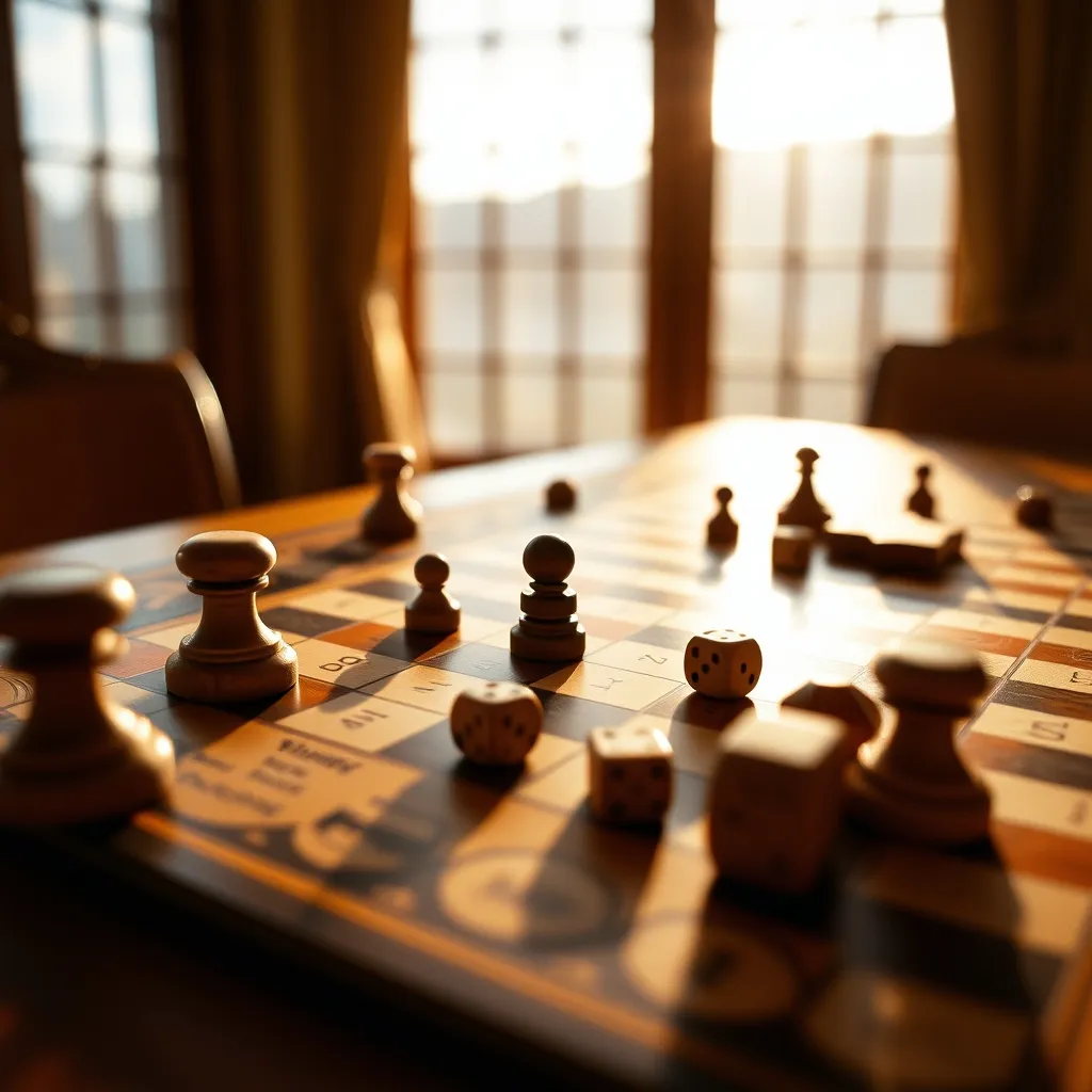 Tablero de juego clásico con fichas de madera y dados preparados para una partida