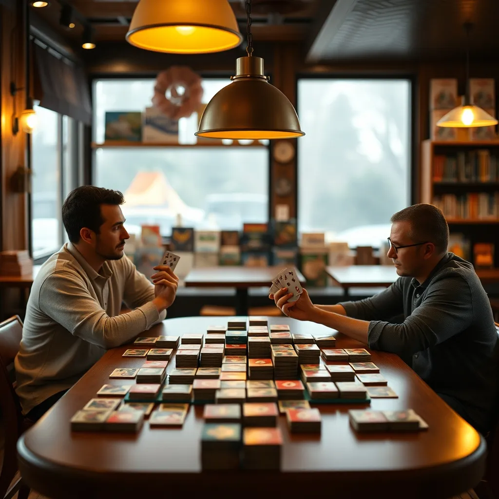 Dos jugadores enfrentados en una partida de Dominion en un café de juegos